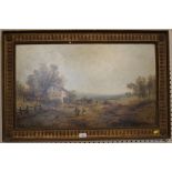 19th century English school Figures and cart before a farmhouse and landscape Oil on canvas, relined