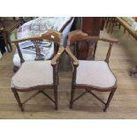 A pair of Edwardian mahogany and satinwood crossbanded corner chairs, with waisted pierced splats,