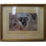 After David Shepherd Elephants, reproduction print Signed in pencil on the frame, also signed and