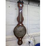 An early 19th century mahogany banjo barometer, with swan neck pediment, mercury thermometer and