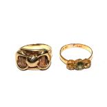 A 9 carat gold ring together with a 22 carat ring set with three citrines