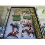 Britains Hunting Series including four equestrian, hounds and fencing; Hornby series loofah hedge