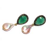 A pair of gem set pearl earrings