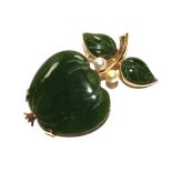 A jade and pearl brooch, in the form of an apple