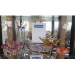 Five assorted coloured glass dishes and vase