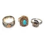 A gold and turquoise ring and two silver rings (3)