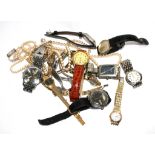 Various wristwatches and a faux pearl necklace