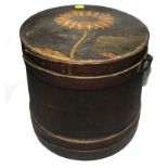 A late Victorian barrel form timber hat box, with silk interior, the lid painted with a sunflower,