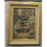 F.M. Pilkington Bench and pond in a flowering garden oil on board signed, inscribed on the