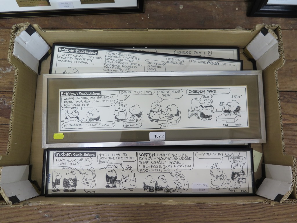 Frank Dickens Six original Bristow cartoons Pen drawings, one with signed dedication 10 x 47 cm