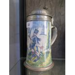 A 19th century German faience Stoneware stein, depicting two hussars on horseback, the pewter lid