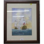 Ron Cooke 'Figting Sail' - a Napoleonic Naval battle Pen, watercolour and white Signed and dated '