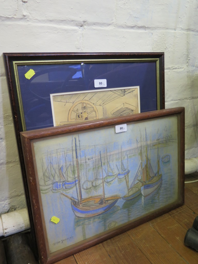 Hope Joseph Sailing boats in a bay Pastel signed 31 x 47 cm and a pen and watercolour of the