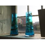 A pair of Whitefriars kingfisher blue vases with green trail, of conical form, 26 cm high