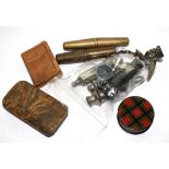 A small collection of whistles, two cork screws, a miniature prayer book, a tartan ware box, etc