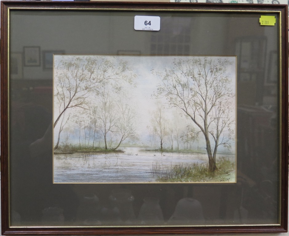 Jack Ray A quiet blackwater with ducks watercolour and white signed 18.5cm x 27cm