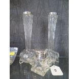 A pair of clear glass vases with silver hallmarked rims, London 1907-1908 and a silver top scent