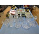 Two pairs of cut glass decanters, a glass claret jug, a bowl, two vases and a water jug