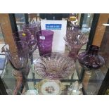 Two Whitefriars drape design vases in purple, 20 cm high, two other purple vases, a bowl and a water