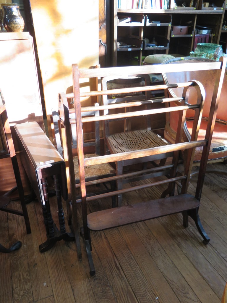 A child's inlaid side chair, with rush seat, another bedroom chair, a Sutherland table, a tripod