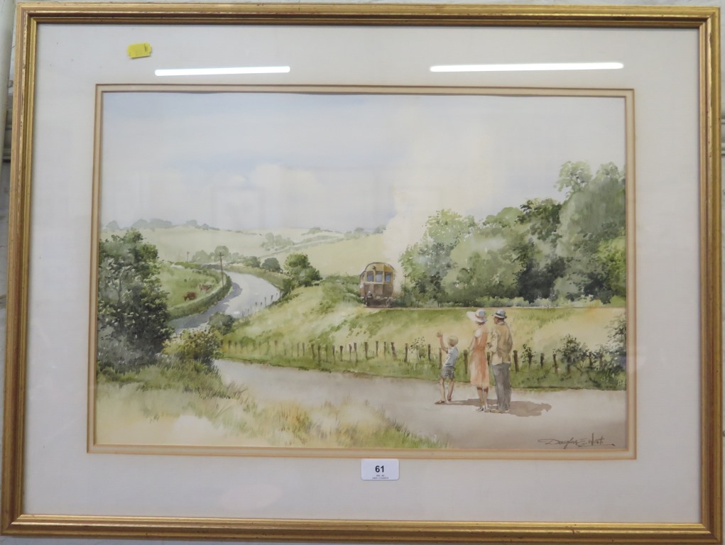 Douglas E. West Waving at the train Watercolour Signed 36 x 54 cm