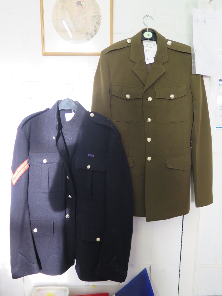 A Royal Marine serge dress tunic with Corporal stripes, and a British Army no. 2 dress tunic