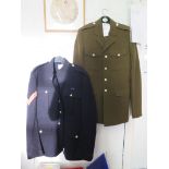 A Royal Marine serge dress tunic with Corporal stripes, and a British Army no. 2 dress tunic