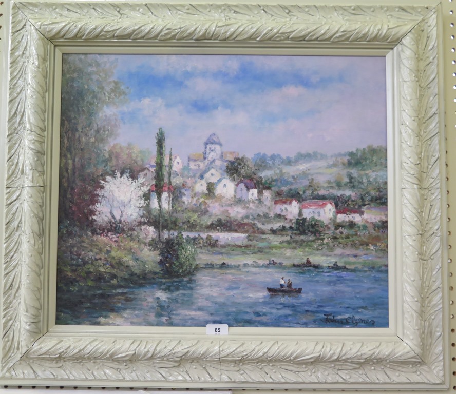 John Clymer Continental lake scene with white houses Oil on canvas Signed 49 x 59 cm