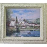 John Clymer Continental lake scene with white houses Oil on canvas Signed 49 x 59 cm