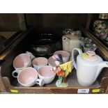 An iridescent glass bowl, 20 cm diameter, a Poole Pottery pink and blush coffee service, a