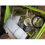 A brass pen tray, bosun's whistle, plaster plaque, car badges and other miscellaneous items