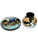 A Moorcroft Pottery three ships design vase, 8 cm high, and a dish of the same design, 12 cm