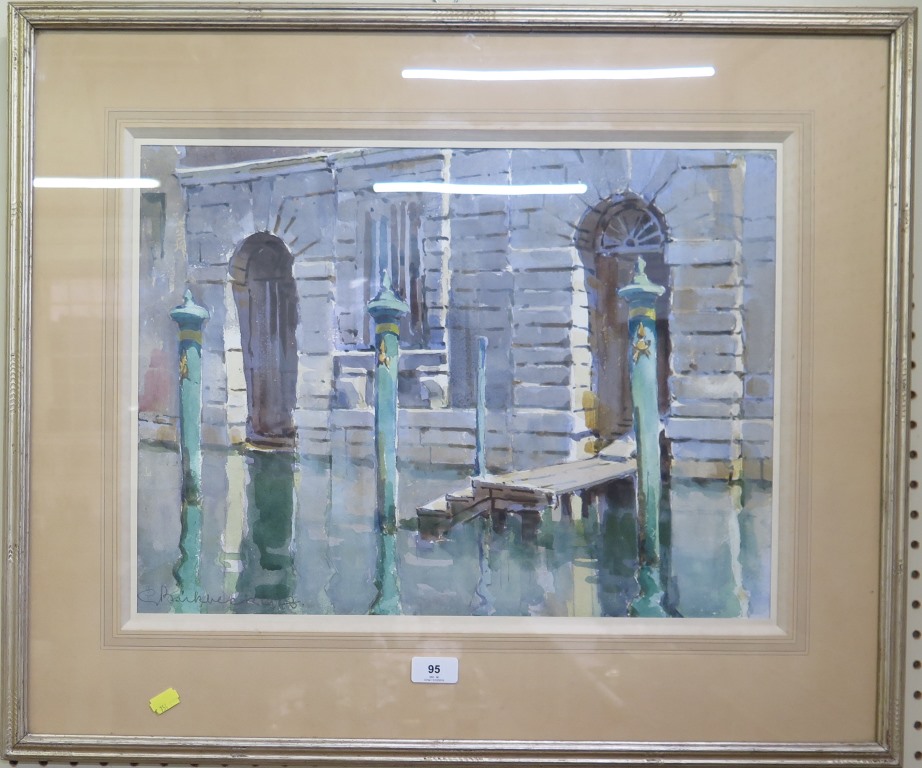 Geoffrey Birkbeck (1875 - 1954) Moorings on a Venetian canal watercolour signed and dated 1938 38