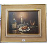 Gordon R. Gearey Still life with chamberstick, bread roll and Cognac oil on board signed 30 x 40 cm