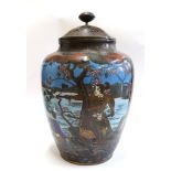 A Japanese cloisonne vase and cover, depicting a samurai pointing across a lake, 41 cm high