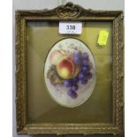 A Royal Worcester oval plaque, depicting peaches and grapes, signed by Richard Sebright, 11.5 x 9 cm