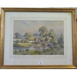 Clive Pryke (1948 - 2017) Rural countryside scene with cottage by a river watercolour, signed 30cm x