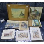 Eight paintings including two of Mousehole (Cornwall) and a frame (9)