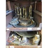 Three pairs of brass candlesticks, two brass ashtrays with Masonic square and compasses, other brass