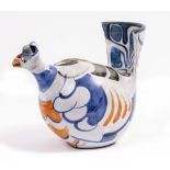 AN ALDERMASTON ALAN CAIGER-SMITH STUDIO POTTERY MODEL OF A BIRD in orange and blue abstract