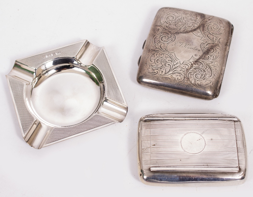 A SILVER ENGINE TURNED DECORATION ASHTRAY with marks for Birmingham and indistinct makers mark 9cm