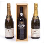 TWO BOTTLES OF CHAMPAGNE one Simon Pere Fils, the other Louis Krener and a boxed bottle of Port