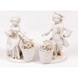 A PAIR OF MEISSEN STYLE PORCELAIN BLANC DE CHINE FIGURINES of a girl and a boy, each with a basket