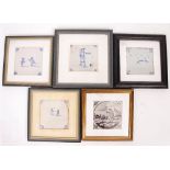 FIVE ANTIQUE DUTCH DELFT POTTERY TILES each approximately 12cm square and framed and glazed