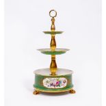 A CONTINENTAL PORCELAIN THREE TIER TABLE CENTRE with gilt metal finial, inscribed beneath Boyer Roux