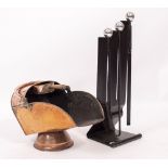 A CONTEMPORARY SET OF THREE FIRE TOOLS and a 19th century copper coal bucket (2)