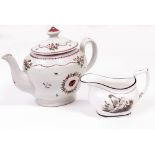 A GEORGE III NEW HALL PORCELAIN TEAPOT decorated with flowers, 24cm long x 18cm high together with