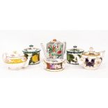 TWO WEMYSS POTTERY CONTAINERS one with unassociated preserve lid, two teapots with damages (One