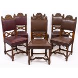 A SET OF SIX S.J.WARING & SONS WALNUT FRAMED LEATHERETTE UPHOLSTERED DINING CHAIRS with carved