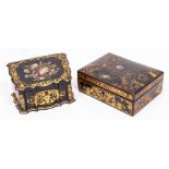 A VICTORIAN BLACK LACQUERED PAPIER MACHE SEWING BOX with mother of pearl and gilded decoration